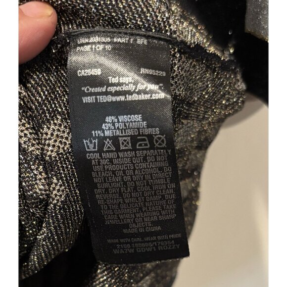 TED BAKER Black Rose Gold Silver Metallic Bell Sleeve Knit Dress Size 2 Sm US - Picture 4 of 9